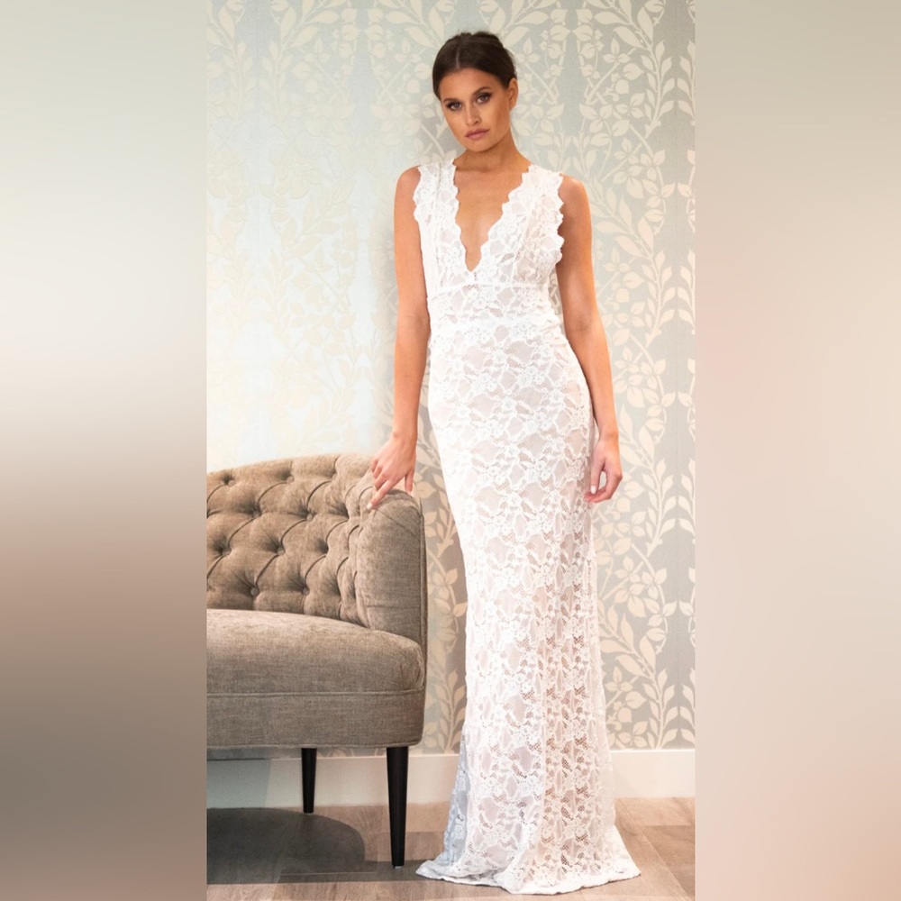 NIGHTCAP BHLDN *Perfect Plunge* white lace boho beach bridal maxi dress gown S - Picture 2 of 9